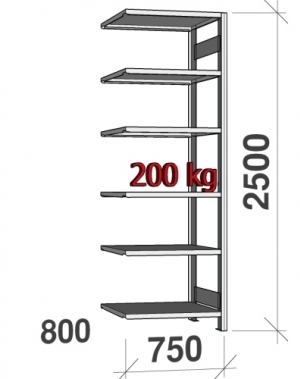 Extension bay 2500x750x800 200kg/shelf,6 shelves