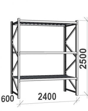 Varastohylly perusosa 2500x2400x600 300kg/hyllytaso,3 tasoa peltitasoilla