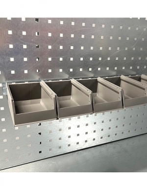 Laatikkokisko reikälevyyn 555 mm + 5 ottolaatikkoa 170x105x75 harmaa