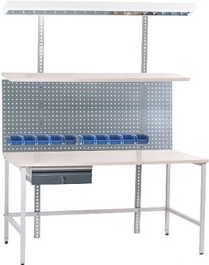 Worktable set 1500x800 with Shelf, Perfo panel, 10 bins, Drawer, Lighting