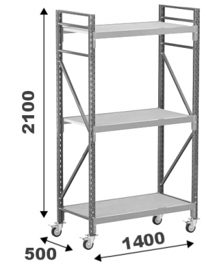 Varastohylly pyörillä 2100x1400x500, 3 orsitasoa lastulevyllä 22 mm MAXI