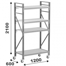 Varastohylly pyörillä 2100x1200x600, 4 orsitasoa peltitasoilla MAXI