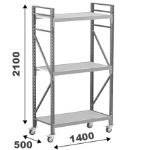 Varastohylly pyörillä 2100x1400x500, 3 orsitasoa lastulevyllä 22 mm MAXI