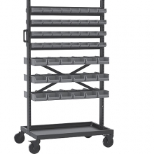 Laatikkoteline 972x613x1667 ottolaatikoilla 250x148x130 36kpl + 170x105x75 64kpl